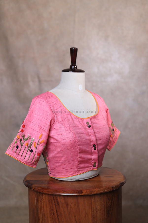 Orchids- Pink Embroidery Blouse (Elbow Sleeve)