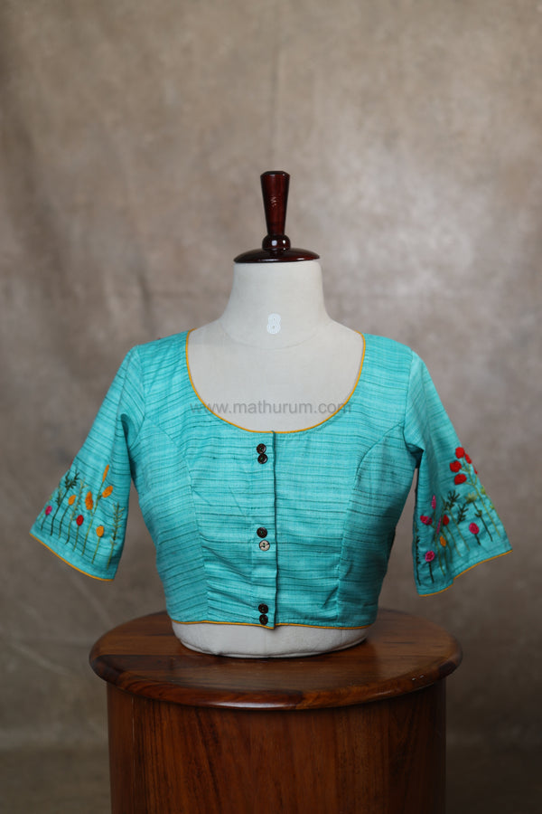 Orchids- Blue&Green Blouse Embroidery (Elbow Sleeve)